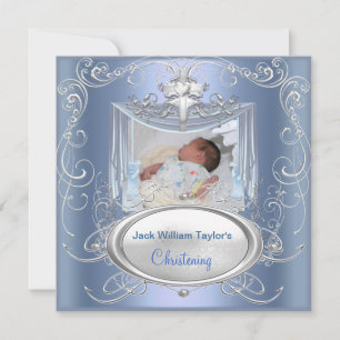 Invitation Baby Christening Baptême Garçon Croix Bleue Argent