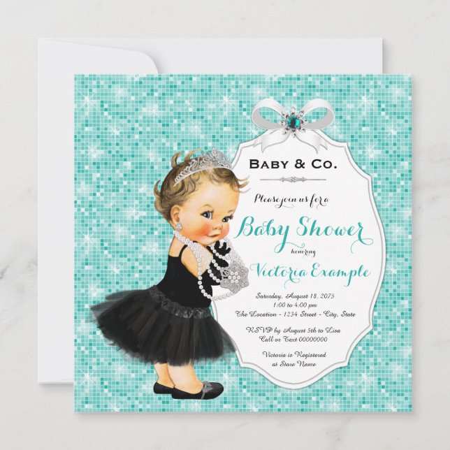 Invitation Baby & Co Black Turquoise Bébé Fille Douche (Devant)