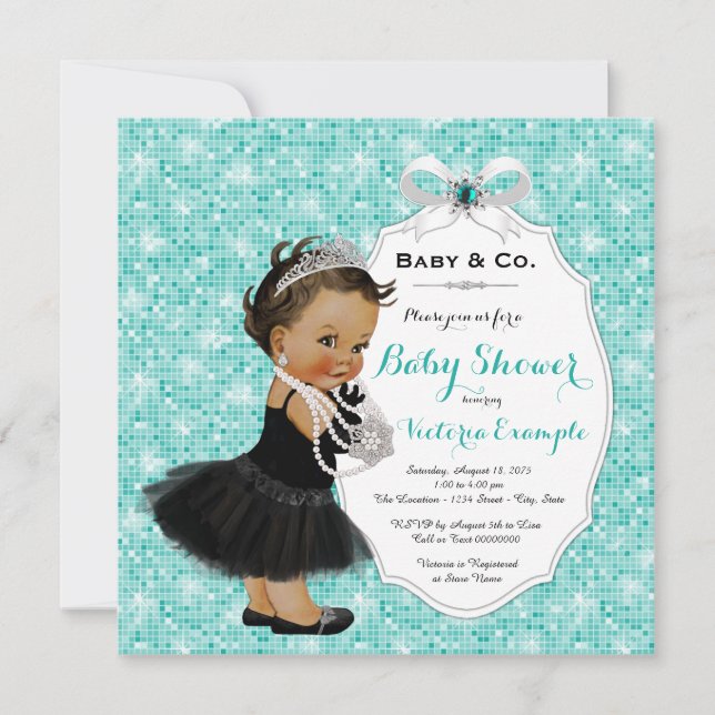 Invitation Baby & Co Noir Turquoise Bleu ethnique Bébé Fille  (Devant)
