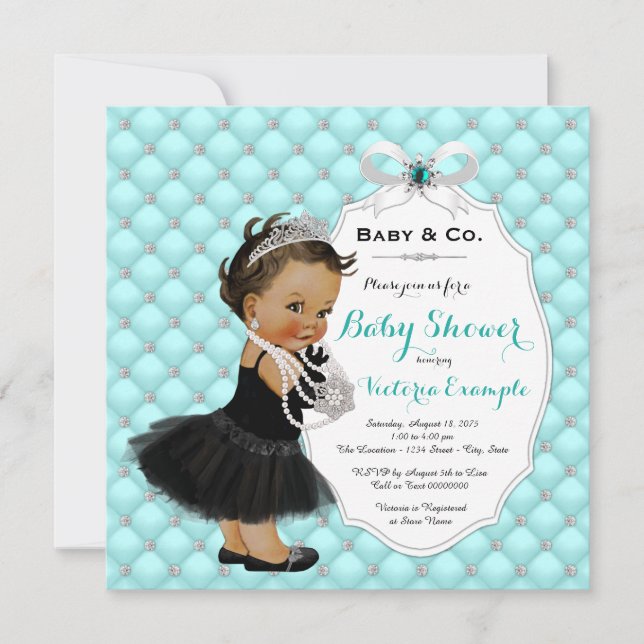 Invitation Baby & Co Turquoise Bleu ethnique Bébé Fille Douch (Devant)