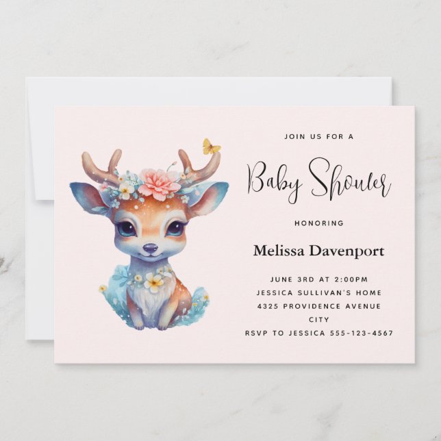 Invitation Baby Deer avec Antlers et Baby shower de fleurs (Devant)