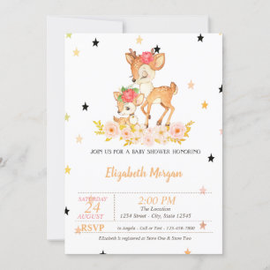Invitation Baby Deer Flowers Étoiles, Princess Baby shower