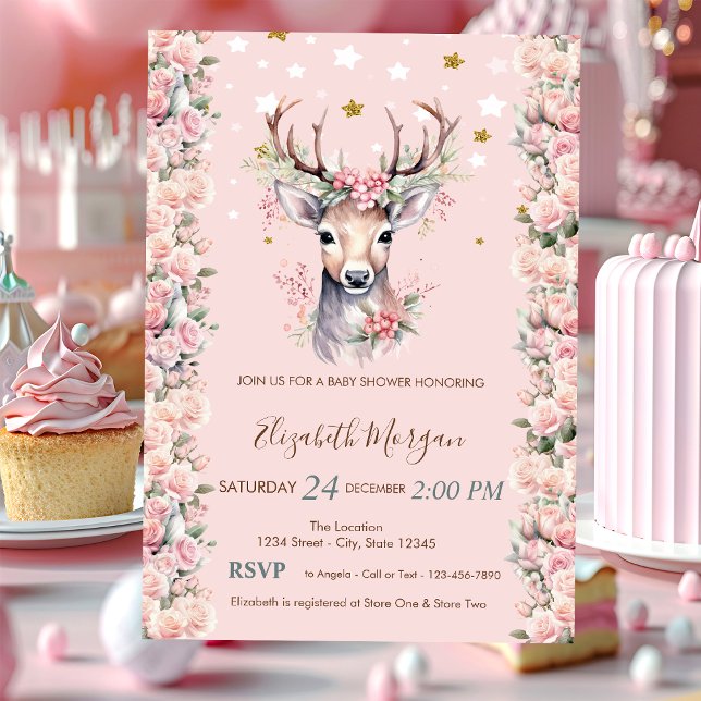 Invitation Baby Deer Flowers Holly Berry Stars Baby shower (Créateur téléchargé)