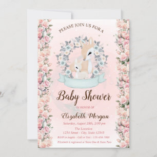 Invitation Baby Deers Fleurs Rose Baby shower