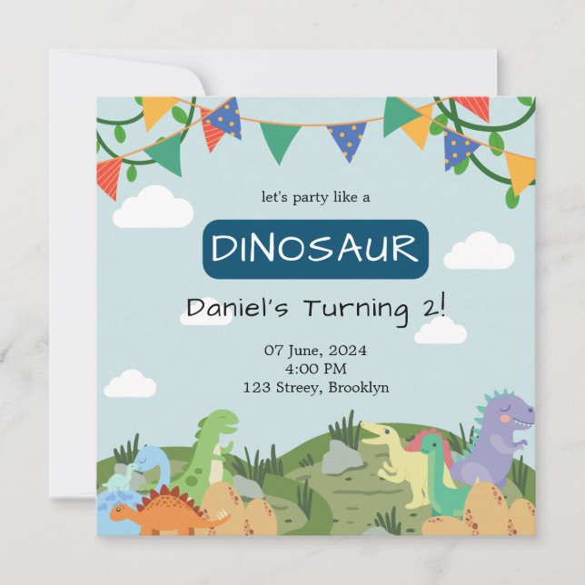 Invitation Baby Dinosaur Ciel bleu Anniversaire (Devant)