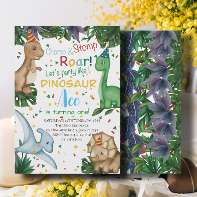 Invitation Baby Dinosaur fête d'anniversaire | Stomp Chomp Ro (Créateur téléchargé)
