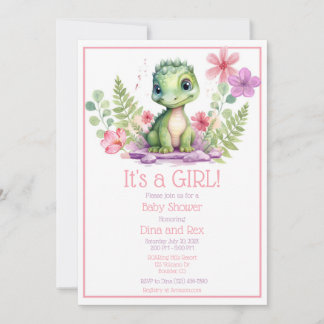 Invitation Baby Dinosaur Fleurs Filles