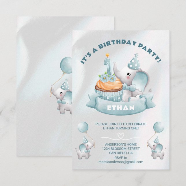 Invitation Baby Elephant 1er anniversaire (Devant / Derrière)
