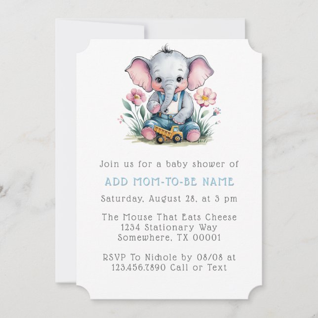 Invitation Baby Elephant avec Baby shower de camion garçon (Devant)