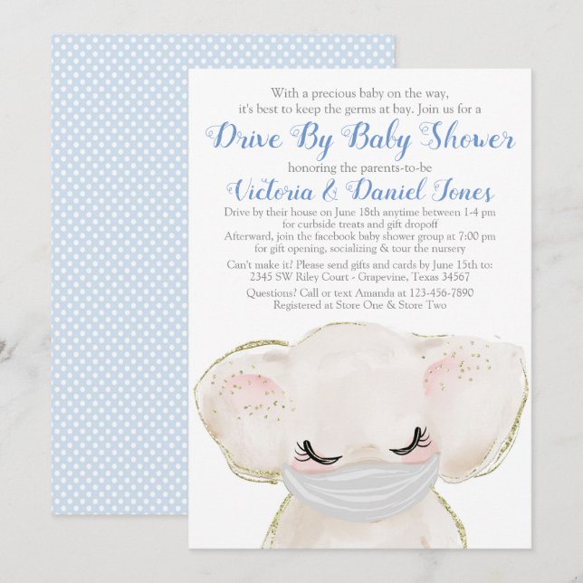 Invitation Baby Elephant avec Masque Drive Par Baby shower (Devant / Derrière)