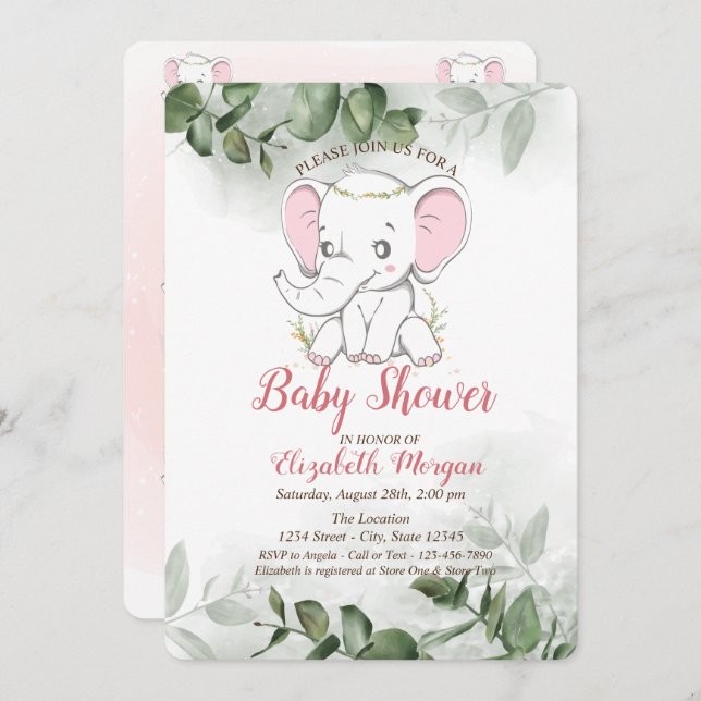 Invitation Baby Elephant, Baby shower vert Eucalyptus (Devant / Derrière)