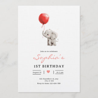 Invitation Baby Elephant Birthday Invite, Kids 1st Birhday