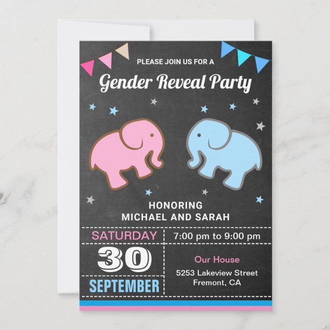 Invitation Baby Elephant Bleu ou Rose Genre Reveauté Party (Devant)