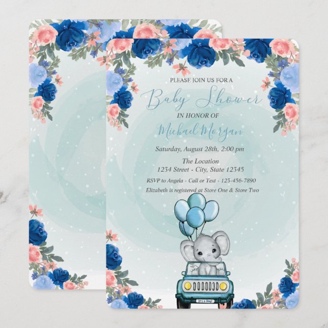 Invitation Baby Elephant Car Baby shower Floral (Devant / Derrière)