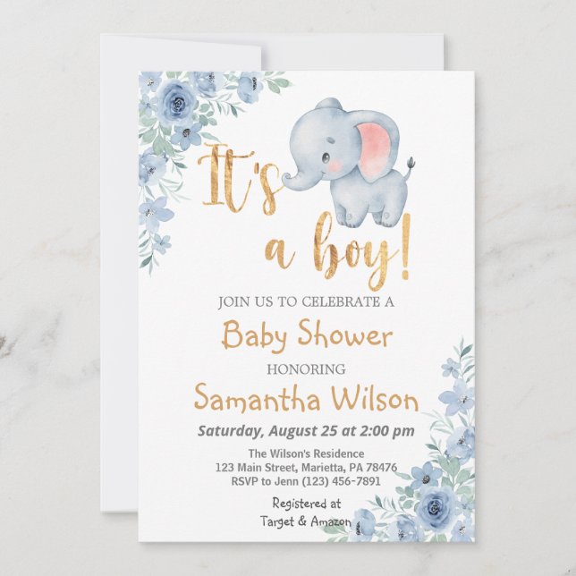 Invitation Baby Elephant C'est un Baby shower garçon (Devant)