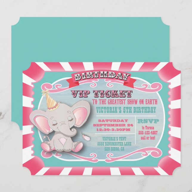 Invitation Baby Elephant Circus Billets Anniversaire Invitati (Devant / Derrière)