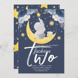Invitation Baby Elephant on Moon Deuxième anniversaire