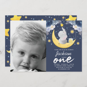 Invitation Baby Elephant on Moon Photo d'anniversaire