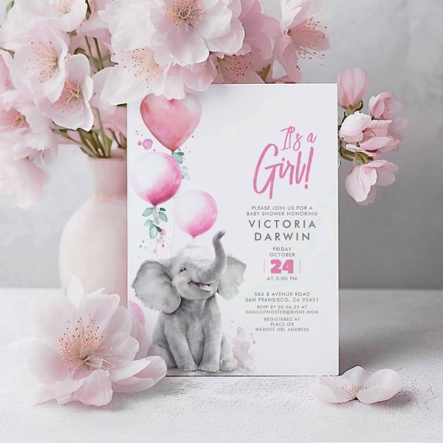 Invitation Baby Elephant rose et gris mignon Baby shower fill (Pink Balloons and Elephant Baby Shower Invitations - It's A Girl!)