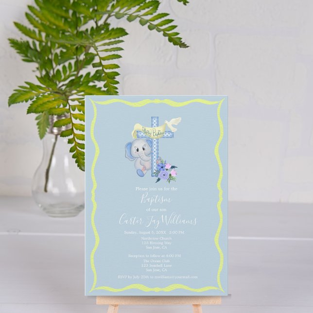 Invitation Baby Elephant With Cross and Dove Baptism Card (Créateur téléchargé)