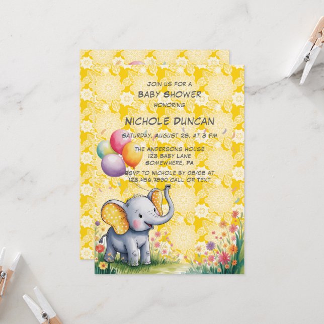 Invitation Baby Elephant Yellow Polka Dot Ears Baby Shower (Devant/Arrière en situation)