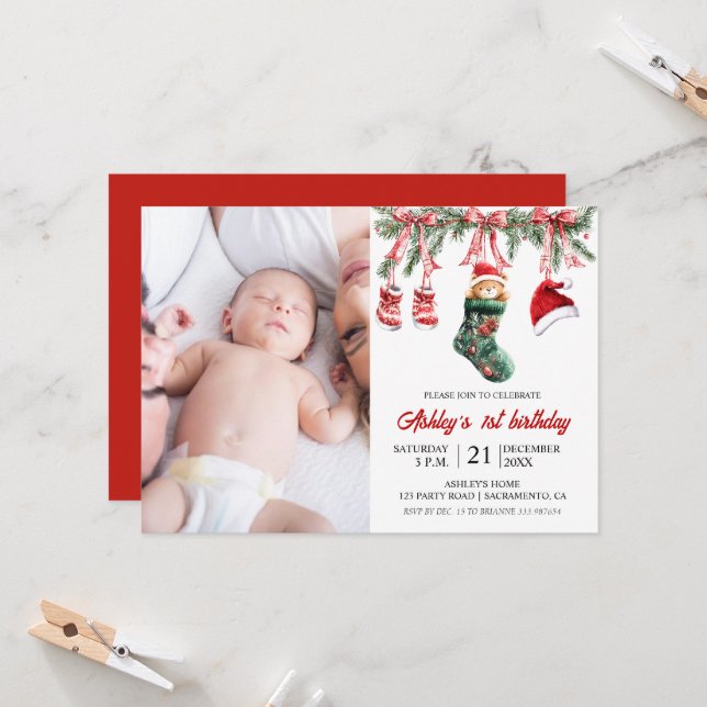 Invitation Baby first birthday Christmas themed (Devant/Arrière en situation)
