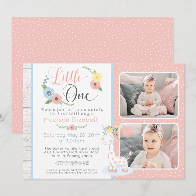 Invitation Baby Giraffe First Birthday Floral Photo Collage (Devant / Derrière)