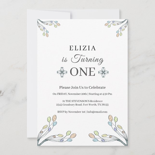 Invitation Baby Girl 1er anniversaire Blanc Retro Floral (Devant)