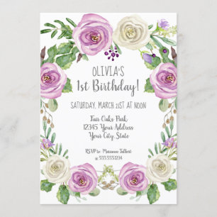 Invitation Baby Girl 1er Birthday Lavender Watercolor Floral