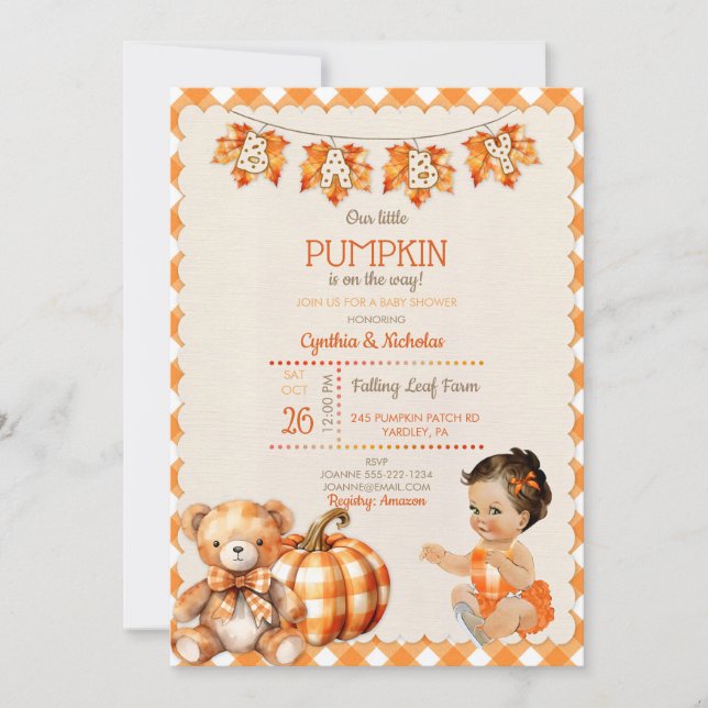 Invitation Baby Girl Automne Plaid Teddy Bear Citrouille Feui (Devant)