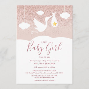 Invitation Baby Girl Baby shower Stork Rose Gold Parties scin