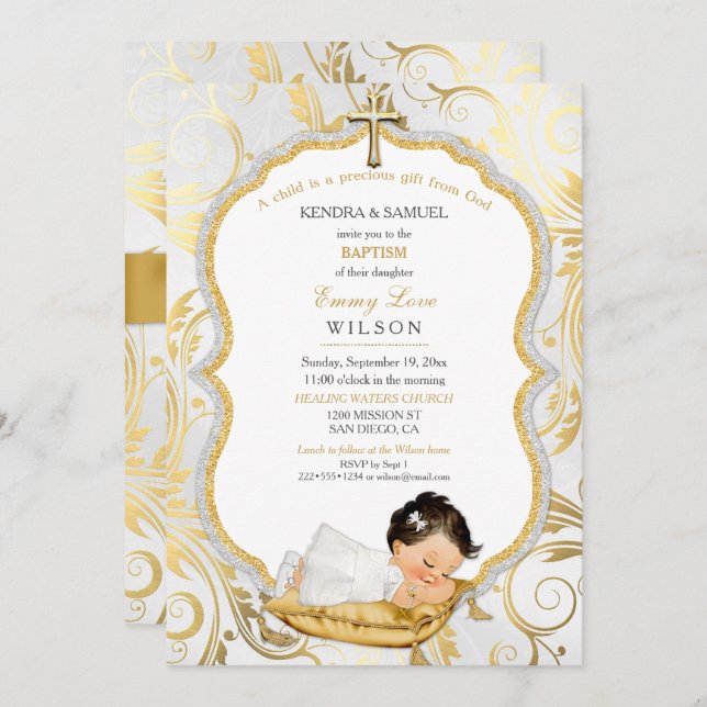 Invitation Baby Girl Baptism Christening Gold Cross (Devant / Derrière)
