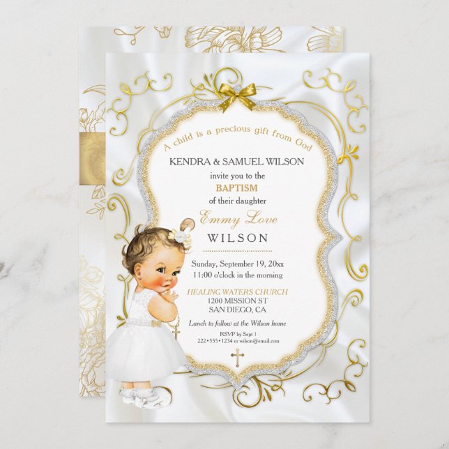 Invitation Baby Girl Baptism Christening Gold Cross Parties s (Devant / Derrière)
