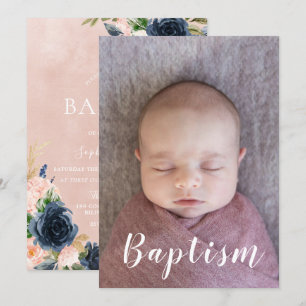 Invitation Baby Girl Baptism Christening Navy Blush Floral