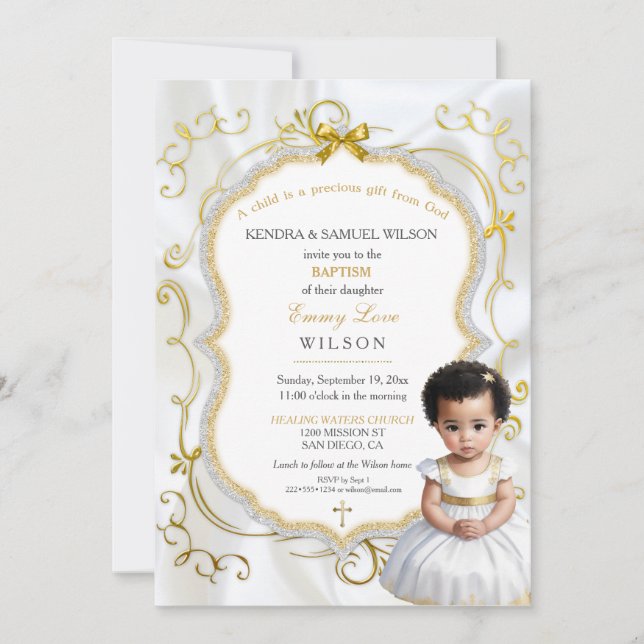 Invitation Baby Girl Baptism Communion Christening White Gold (Devant)
