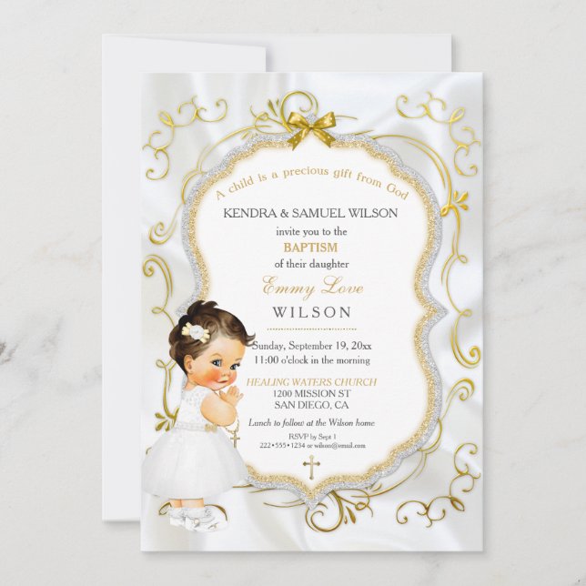 Invitation Baby Girl Baptism Communion Gold Cross (Devant)