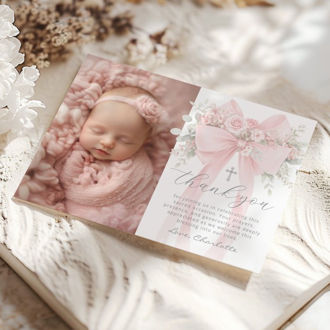 Invitation Baby Girl Baptism Photo Floral Bow Thank you Card (Créateur téléchargé)