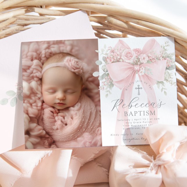 Invitation Baby Girl Baptism Photo Floral Eucalyptus Bow (Créateur téléchargé)
