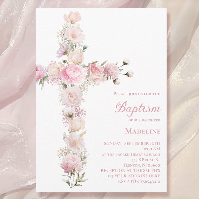 Invitation baby girl Baptism pink floral cross  (Créateur téléchargé)