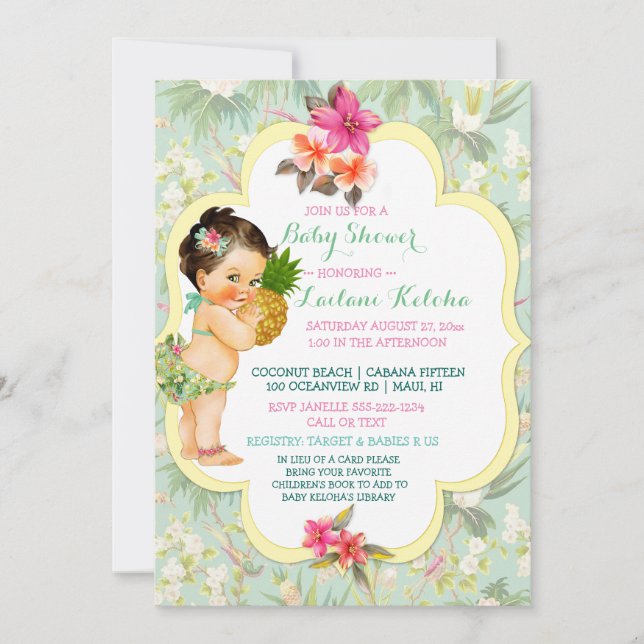 Invitation Baby Girl Bikini Tropical Luau Hawaiian Pineappy (Devant)