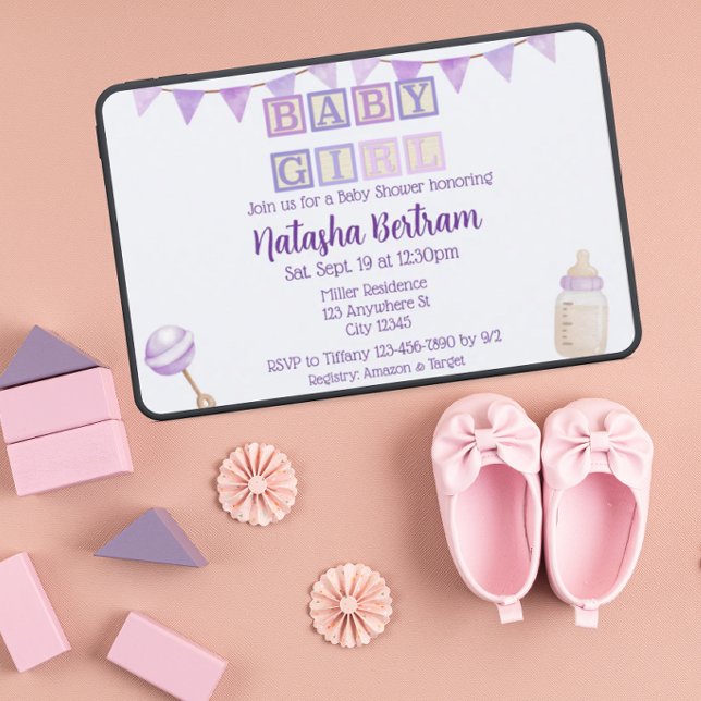 Invitation Baby Girl Blocks, Purple Watercolor Baby Shower  (Créateur téléchargé)