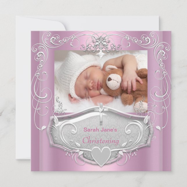 Invitation Baby Girl Christening Baptême Croix rose en argent (Devant)