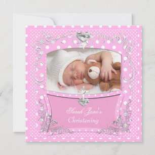 Invitation Baby Girl Christening Baptême Pink Polka Dot 2