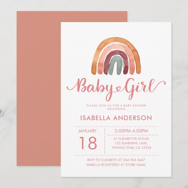 Invitation Baby Girl Cute Boho Rainbow (Devant / Derrière)
