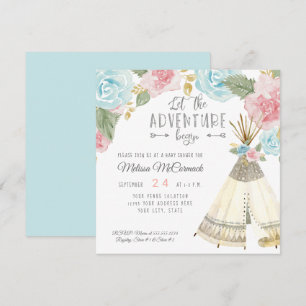 Invitation Baby Girl Douche Aventure Commencer Teepee Pastel