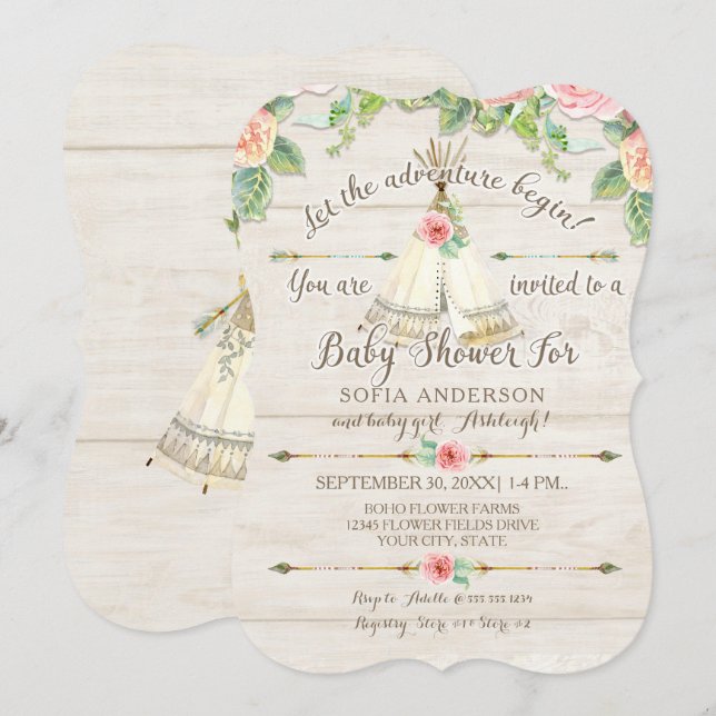 Invitation Baby Girl Douche BOHO Teepee Arrow Barn Bois Board (Devant / Derrière)