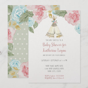 Invitation Baby Girl Douche Bois Mint Floral Aquarelle