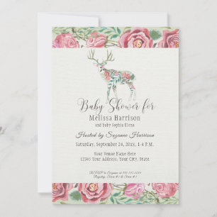 Invitation Baby Girl Douche Élégante Rose Floral Deer Antlers