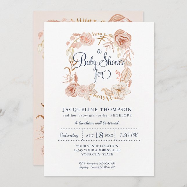 Invitation Baby Girl Douche Marine Blush Rose Aquarelle Flora (Devant / Derrière)