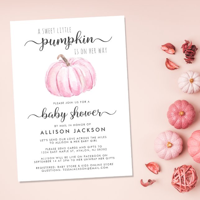 Invitation Baby Girl Douche par Citrouille de messagerie Aqua (Celebrate the upcoming arrival of your sweet autumn baby with a pumpkin-themed baby shower by mail)